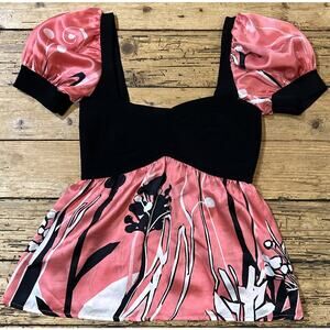 2b Bebe Women’s Pink/Black Floral Bubble Short Sleeve Blouse Size M